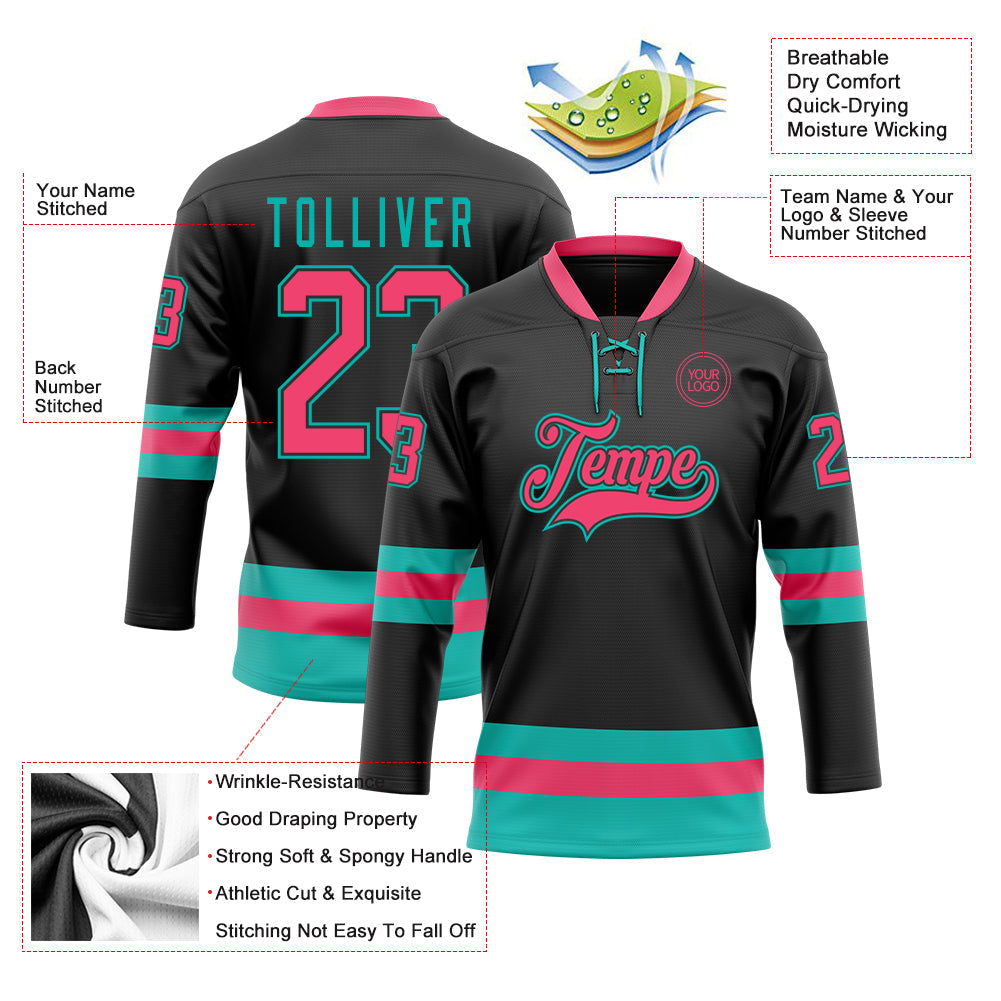 Custom Black Neon Pink-Aqua Hockey Lace Neck Jersey - Sky-Custom