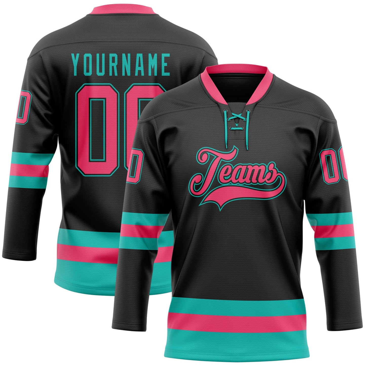 Custom Black Neon Pink-Aqua Hockey Lace Neck Jersey - Sky-Custom