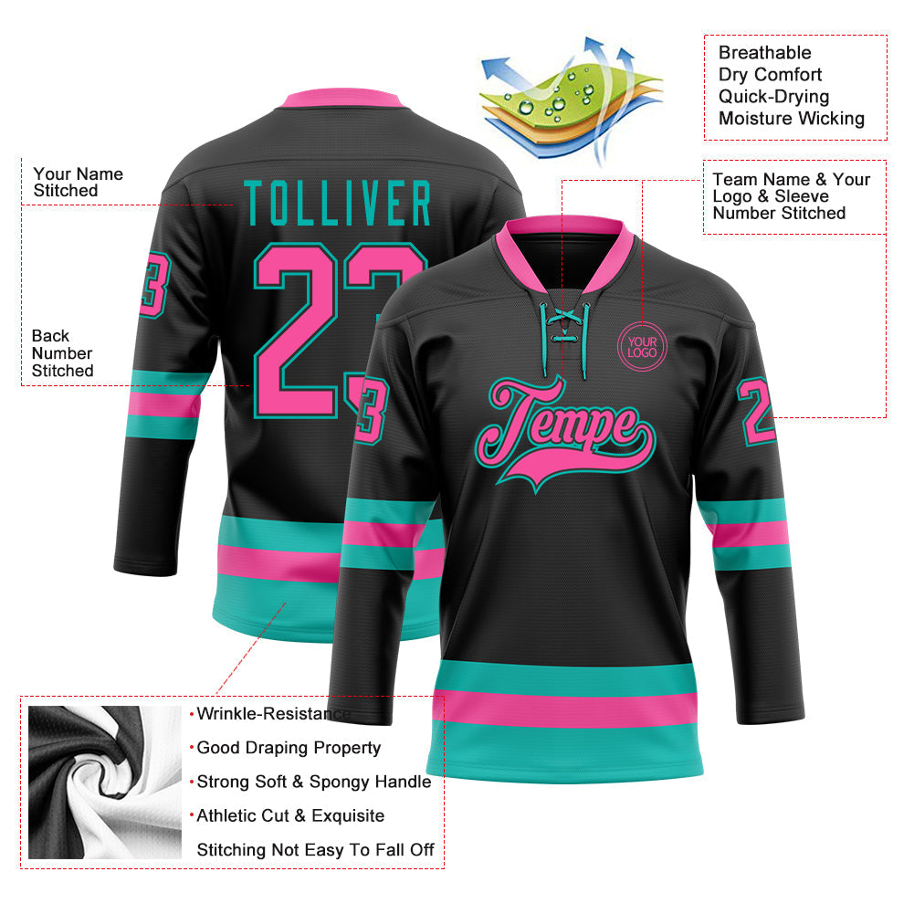 Custom Black Pink-Aqua Hockey Lace Neck Jersey - Sky-Custom