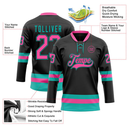 Custom Black Pink-Aqua Hockey Lace Neck Jersey - Sky-Custom