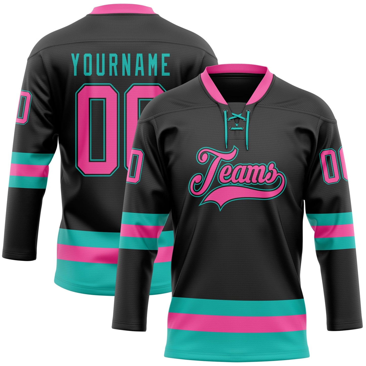 Custom Black Pink-Aqua Hockey Lace Neck Jersey - Sky-Custom