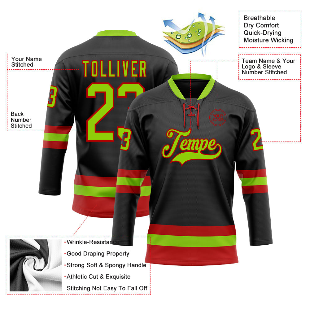 Custom Black Neon Green-Red Hockey Lace Neck Jersey - Sky-Custom