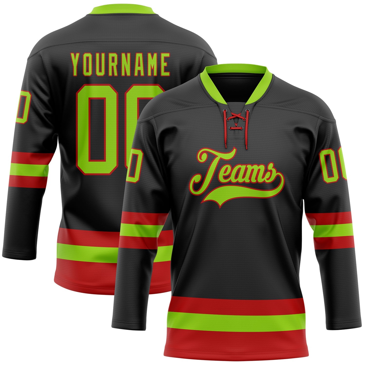 Custom Black Neon Green-Red Hockey Lace Neck Jersey - Sky-Custom