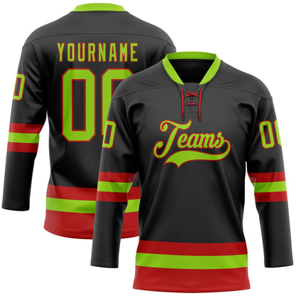 Custom Black Neon Green-Red Hockey Lace Neck Jersey - Sky-Custom