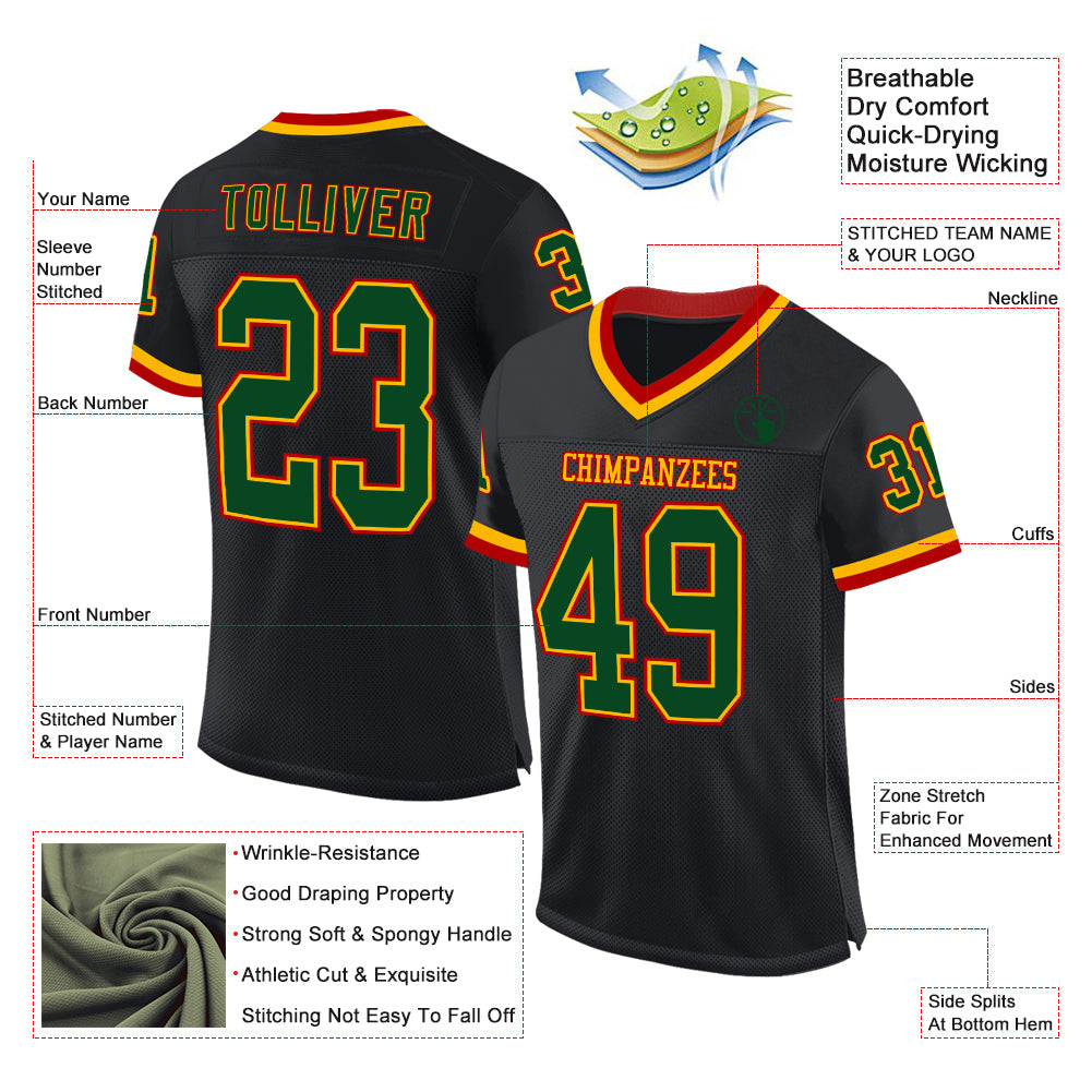 Custom Black Green Gold-Red Mesh Authentic Throwback Football Jersey - Sky-Custom