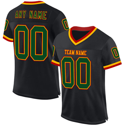 Custom Black Green Gold-Red Mesh Authentic Throwback Football Jersey - Sky-Custom