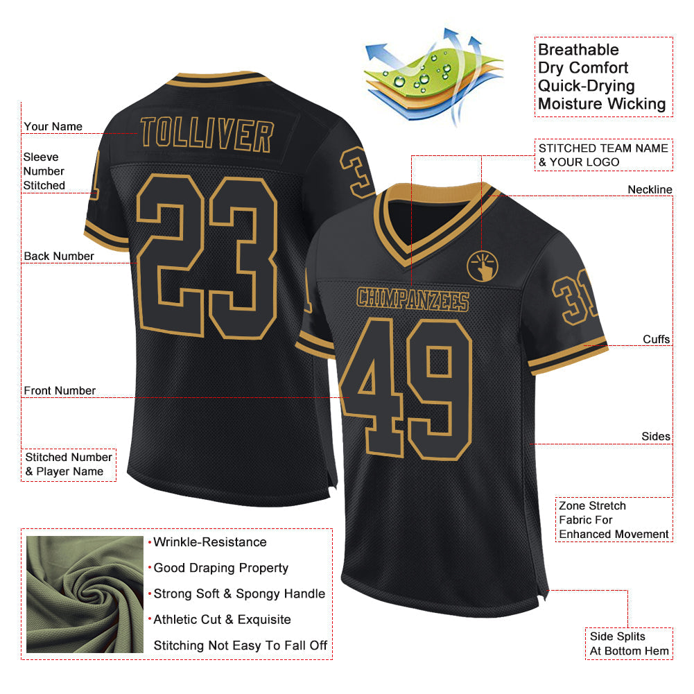 Custom Black Old Gold Mesh Authentic Throwback Football Jersey - Sky-Custom