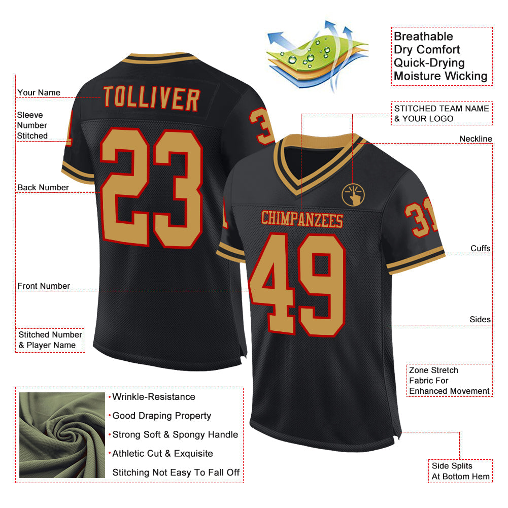 Custom Black Old Gold-Red Mesh Authentic Throwback Football Jersey - Sky-Custom