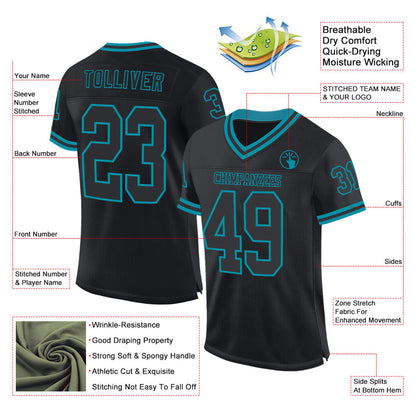 Custom Black Teal Mesh Authentic Throwback Football Jersey - Sky-Custom