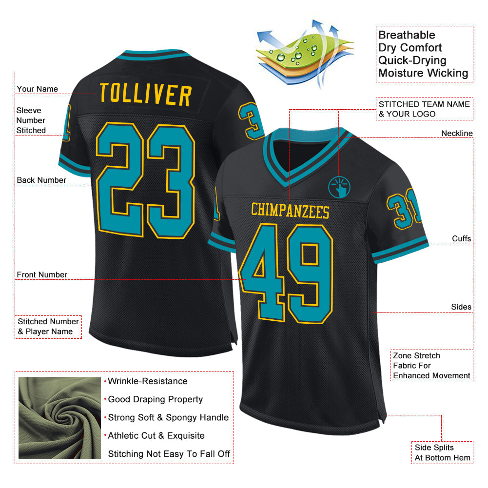 Custom Black Teal-Yellow Mesh Authentic Throwback Football Jersey - Sky-Custom