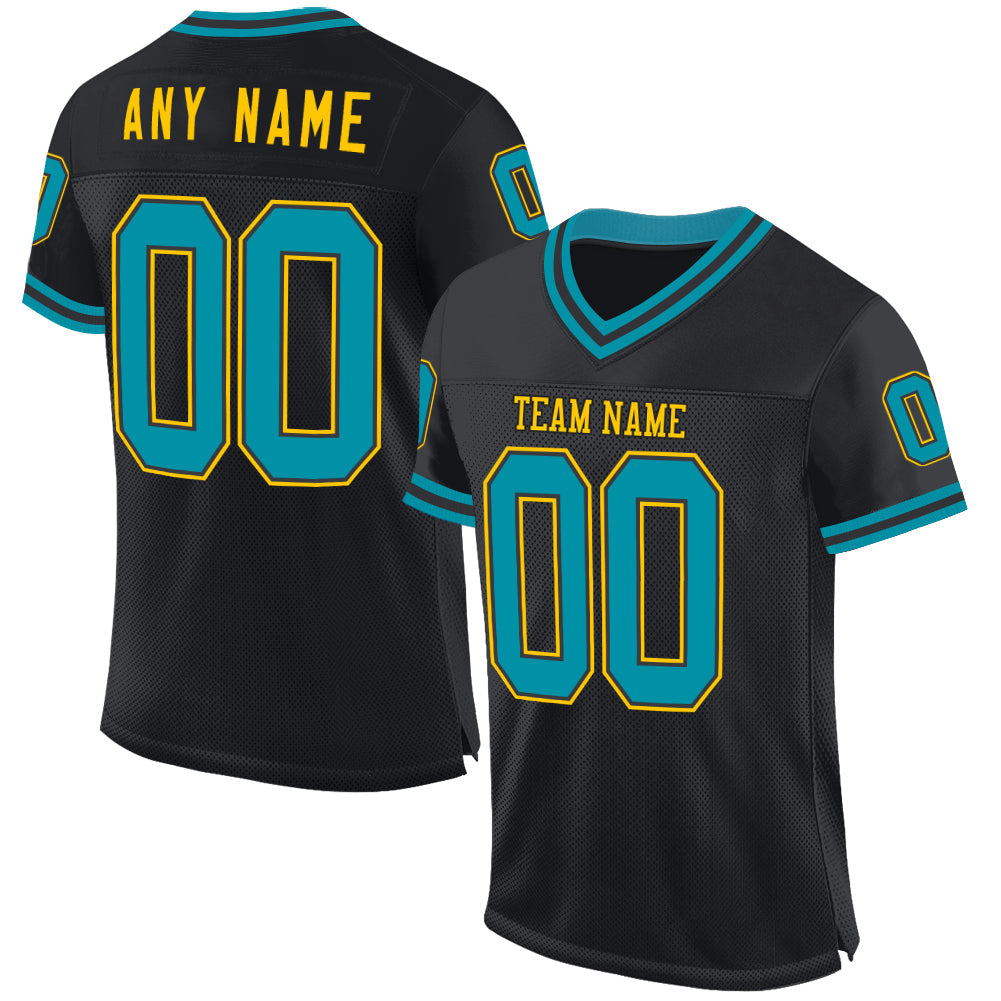 Custom Black Teal-Yellow Mesh Authentic Throwback Football Jersey - Sky-Custom