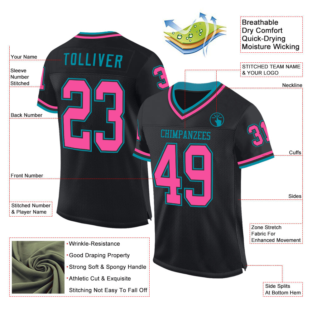 Custom Black Pink-Teal Mesh Authentic Throwback Football Jersey - Sky-Custom