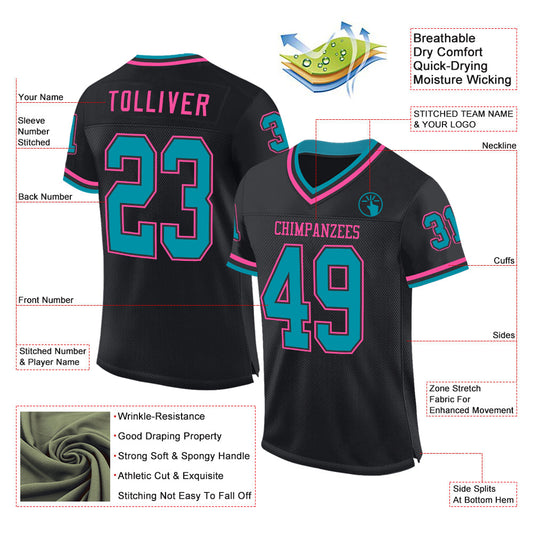 Custom Black Teal-Pink Mesh Authentic Throwback Football Jersey - Sky-Custom