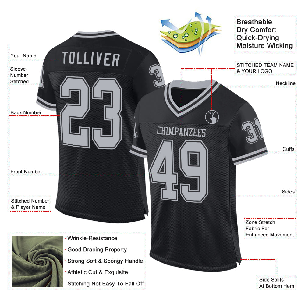 Custom Black Gray Mesh Authentic Throwback Football Jersey - Sky-Custom