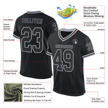 Custom Black Gray Mesh Authentic Throwback Football Jersey - Sky-Custom