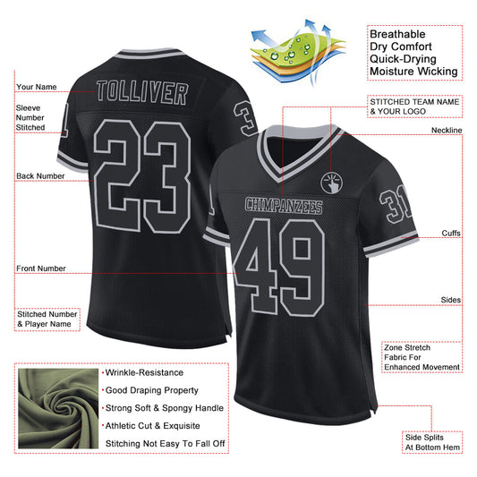 Custom Black Gray Mesh Authentic Throwback Football Jersey - Sky-Custom