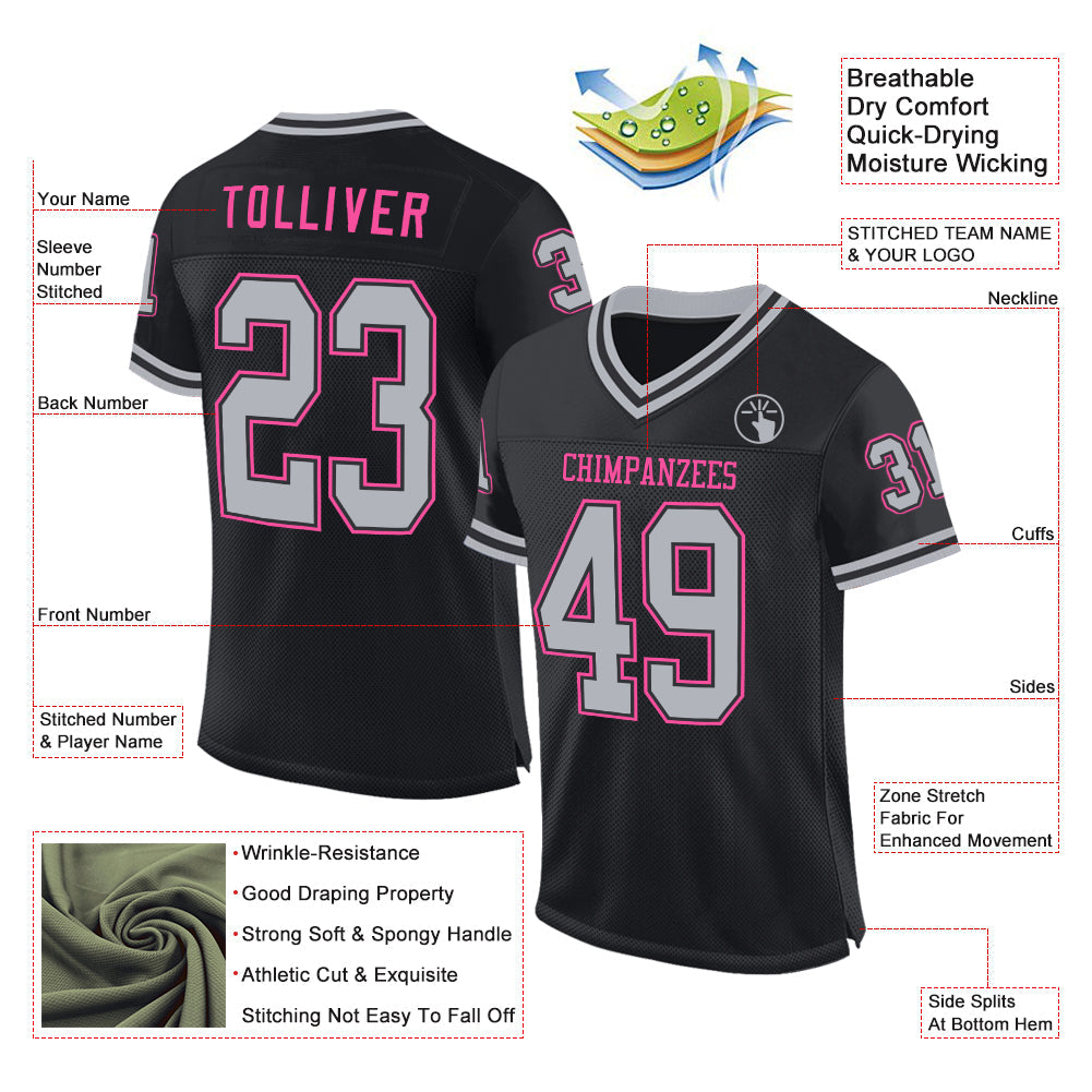 Custom Black Gray-Pink Mesh Authentic Throwback Football Jersey - Sky-Custom