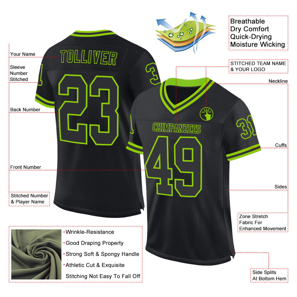 Custom Black Neon Green Mesh Authentic Throwback Football Jersey - Sky-Custom