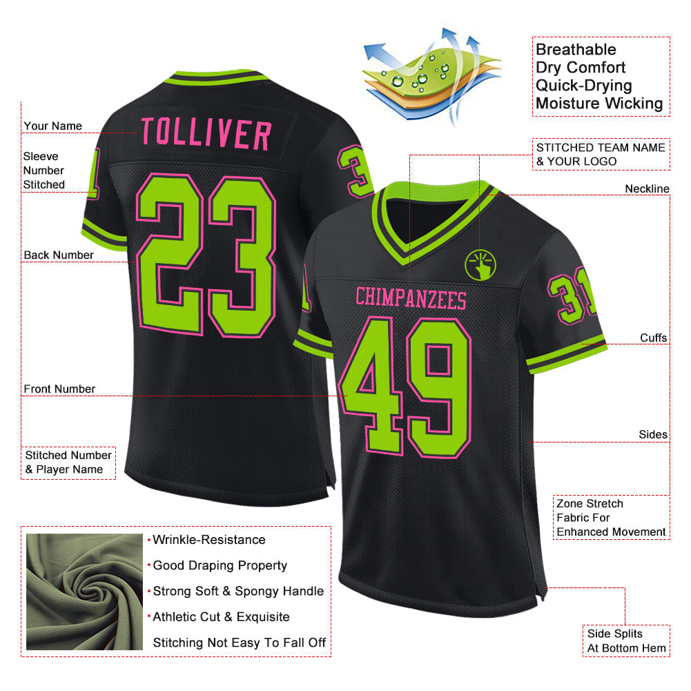 Custom Black Neon Green-Pink Mesh Authentic Throwback Football Jersey - Sky-Custom
