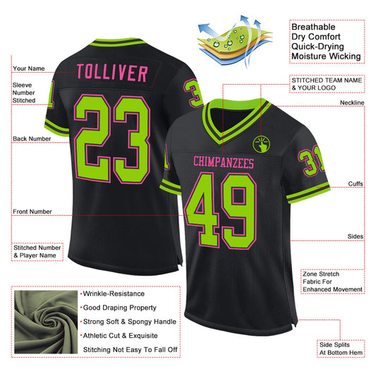 Custom Black Neon Green-Pink Mesh Authentic Throwback Football Jersey - Sky-Custom
