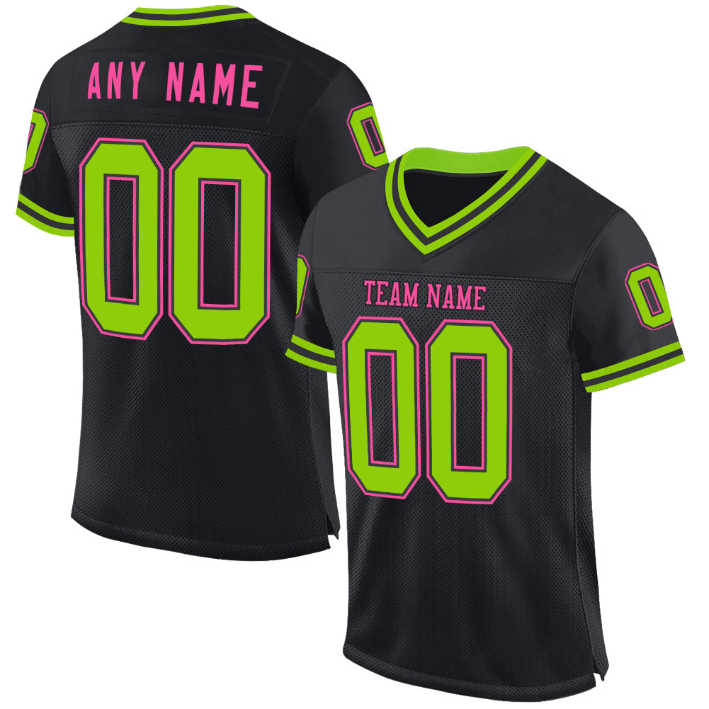 Custom Black Neon Green-Pink Mesh Authentic Throwback Football Jersey - Sky-Custom