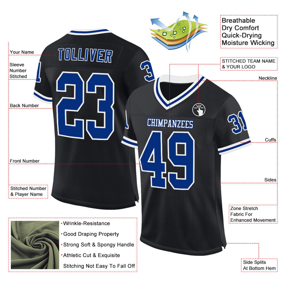 Custom Black Royal-White Mesh Authentic Throwback Football Jersey - Sky-Custom