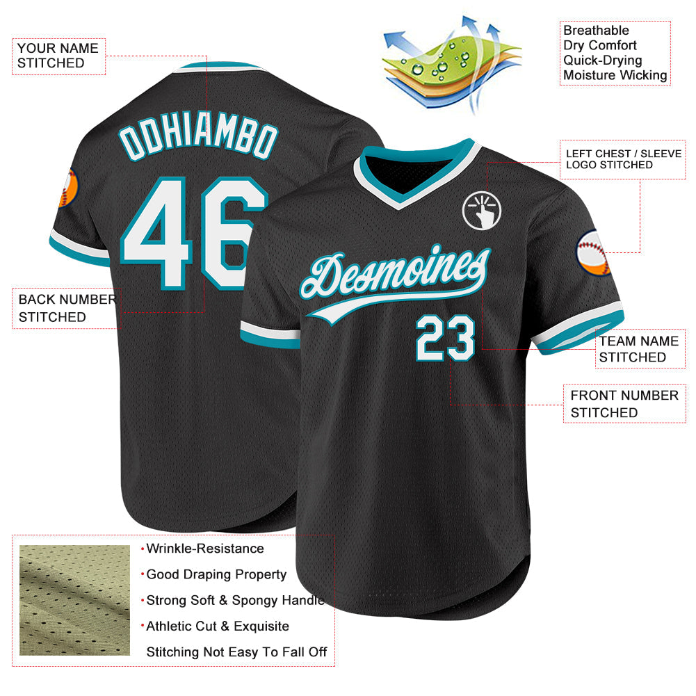 Custom Black White-Teal Authentic Throwback Baseball Jersey - Sky-Custom