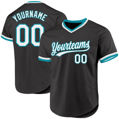 Custom Black White-Teal Authentic Throwback Baseball Jersey - Sky-Custom