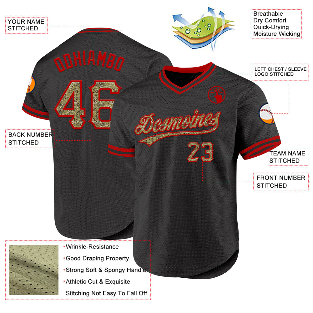 Custom Black Camo-Red Authentic Throwback Baseball Jersey - Sky-Custom