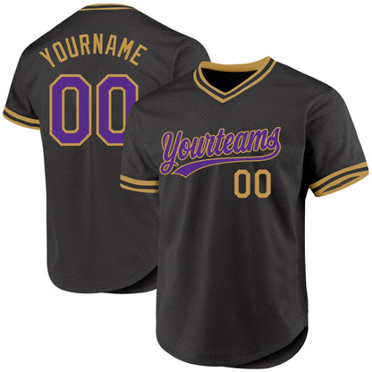 Custom Black Purple-Old Gold Authentic Throwback Baseball Jersey - Sky-Custom