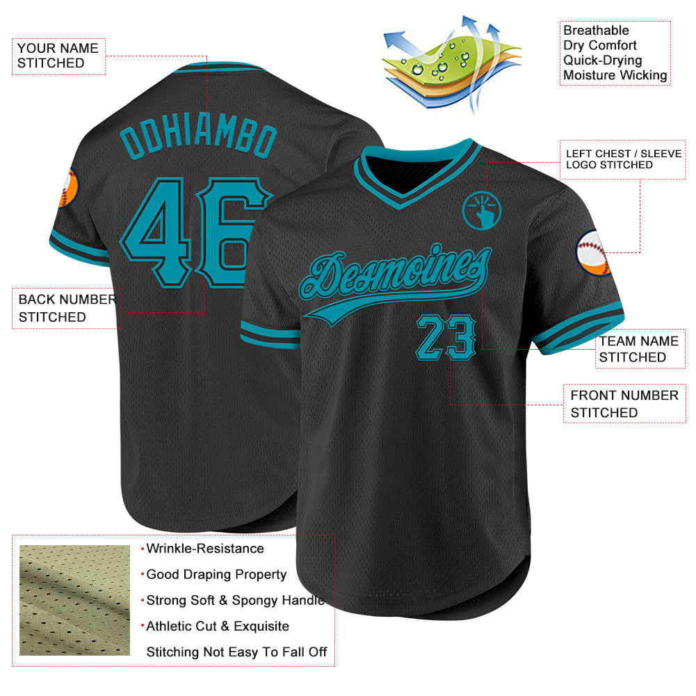 Custom Black Teal Authentic Throwback Baseball Jersey - Sky-Custom