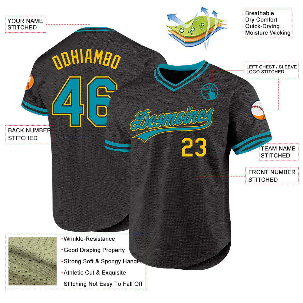 Custom Black Teal-Yellow Authentic Throwback Baseball Jersey - Sky-Custom
