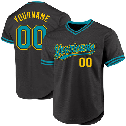 Custom Black Teal-Yellow Authentic Throwback Baseball Jersey - Sky-Custom