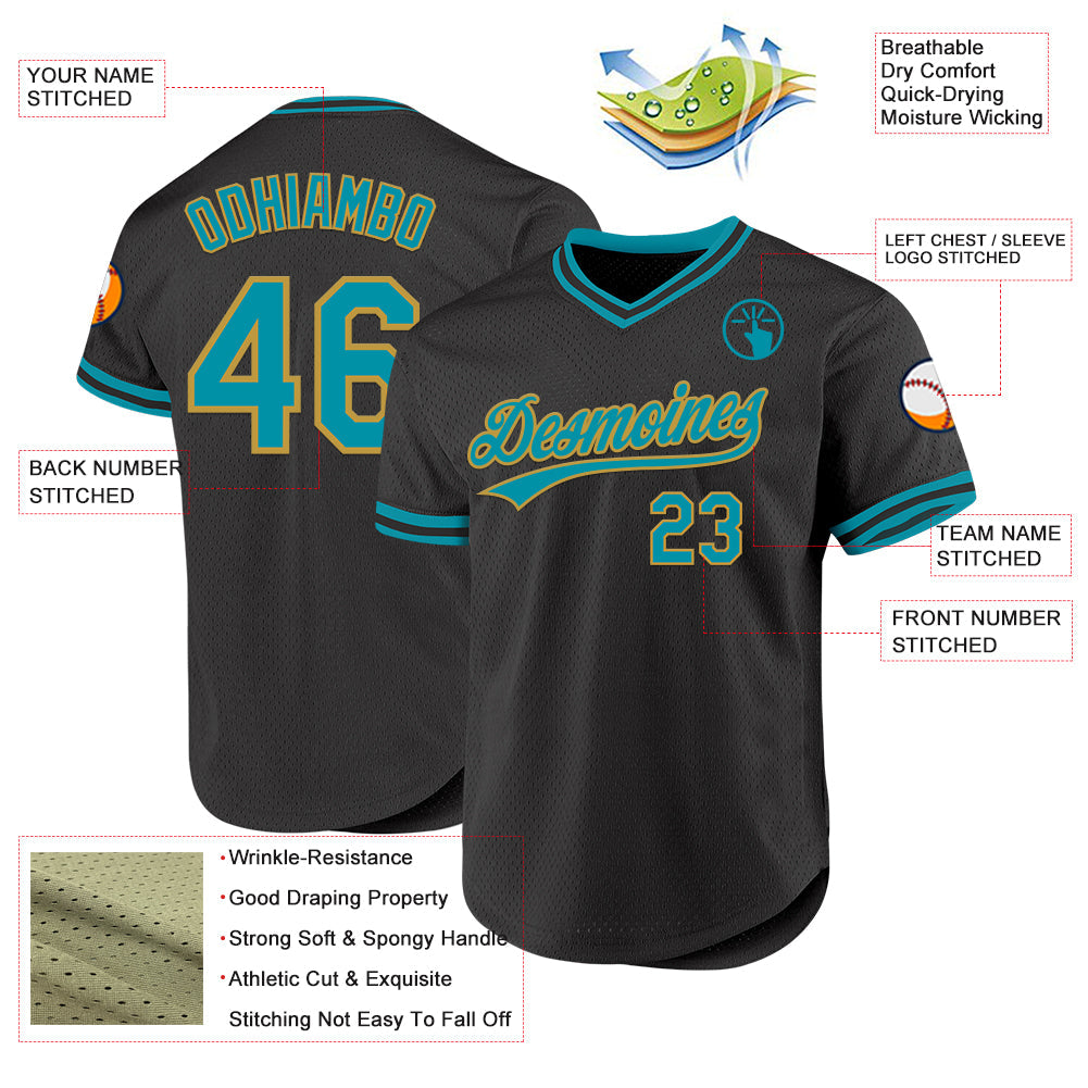 Custom Black Teal-Old Gold Authentic Throwback Baseball Jersey - Sky-Custom