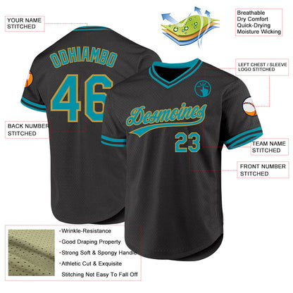 Custom Black Teal-Old Gold Authentic Throwback Baseball Jersey - Sky-Custom