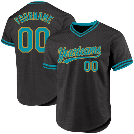 Custom Black Teal-Old Gold Authentic Throwback Baseball Jersey - Sky-Custom