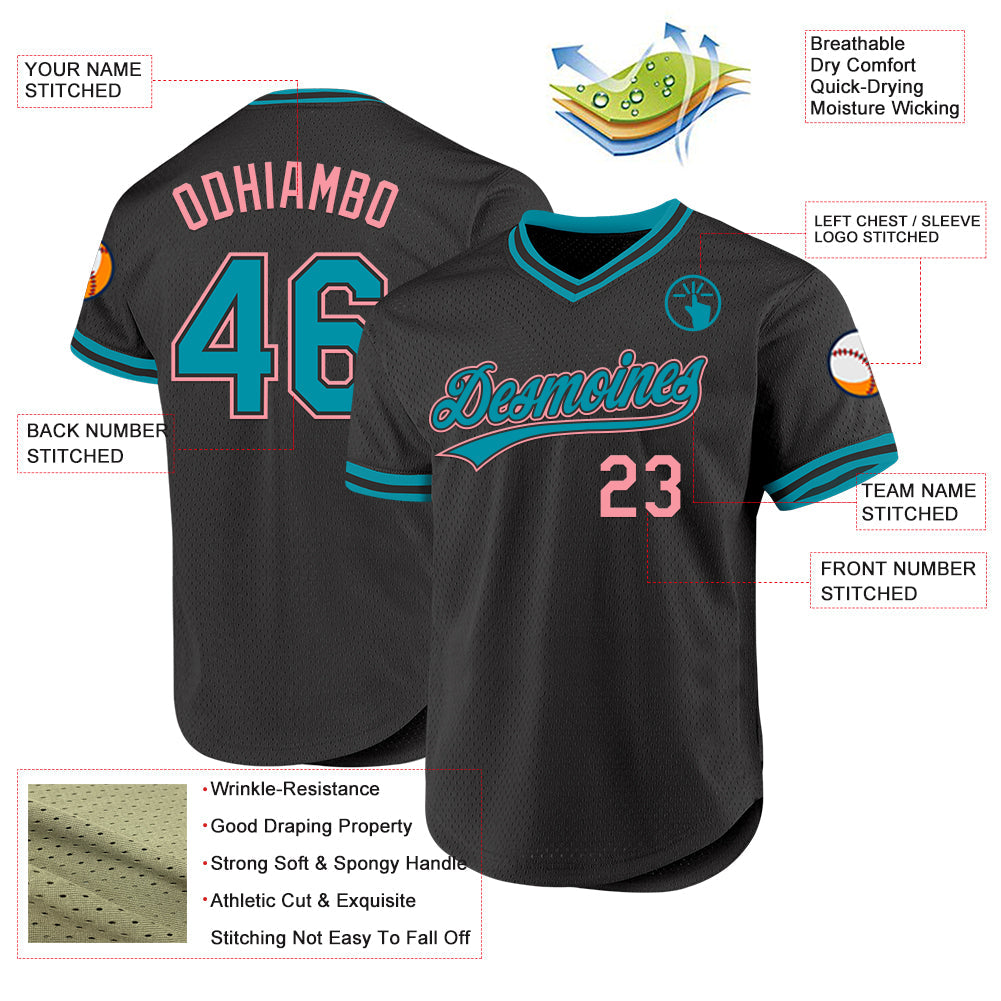 Custom Black Teal-Medium Pink Authentic Throwback Baseball Jersey - Sky-Custom
