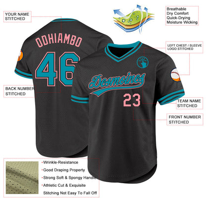 Custom Black Teal-Medium Pink Authentic Throwback Baseball Jersey - Sky-Custom