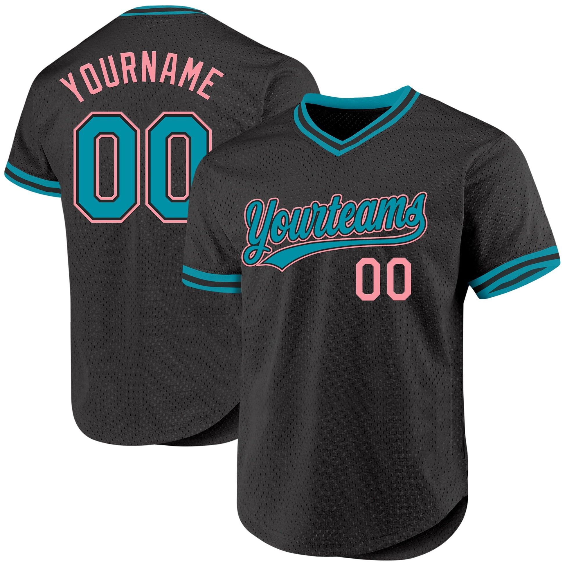 Custom Black Teal-Medium Pink Authentic Throwback Baseball Jersey - Sky-Custom