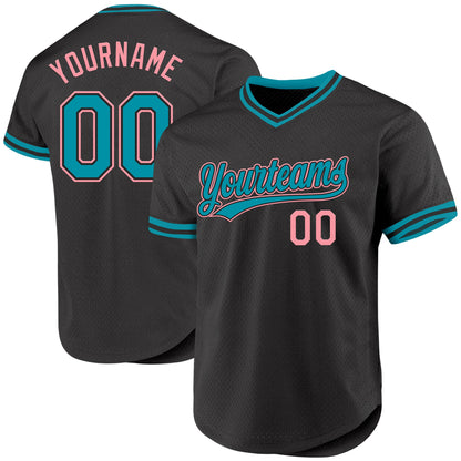 Custom Black Teal-Medium Pink Authentic Throwback Baseball Jersey - Sky-Custom