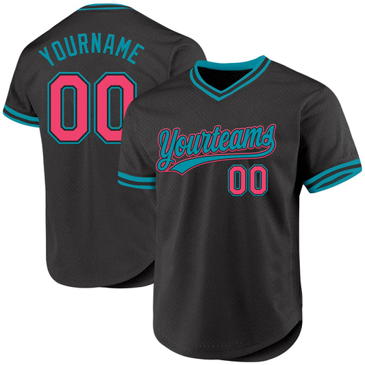 Custom Black Neon Pink-Teal Authentic Throwback Baseball Jersey - Sky-Custom