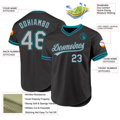 Custom Black Gray-Teal Authentic Throwback Baseball Jersey - Sky-Custom