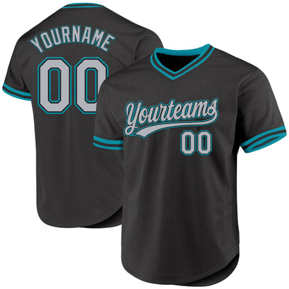 Custom Black Gray-Teal Authentic Throwback Baseball Jersey - Sky-Custom