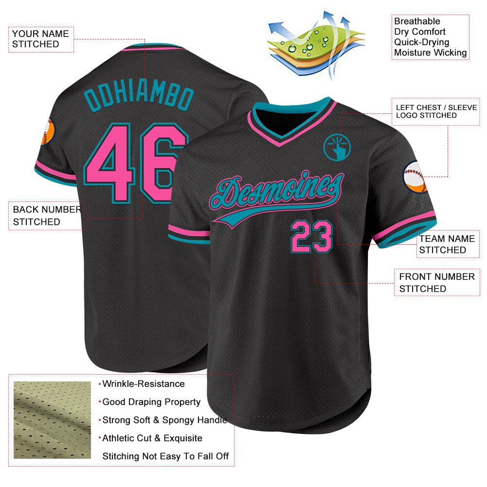 Custom Black Pink-Teal Authentic Throwback Baseball Jersey - Sky-Custom