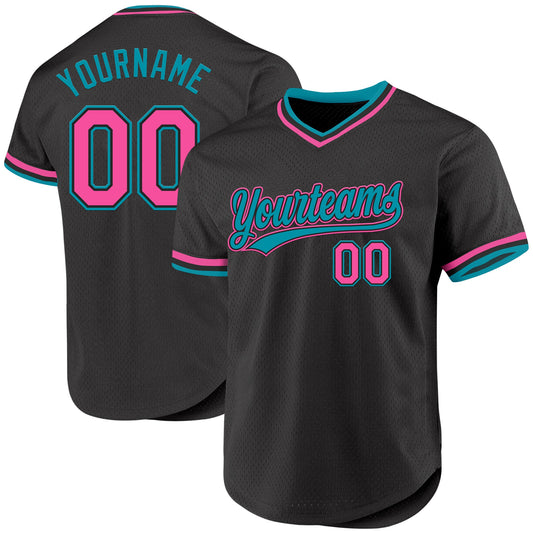 Custom Black Pink-Teal Authentic Throwback Baseball Jersey - Sky-Custom