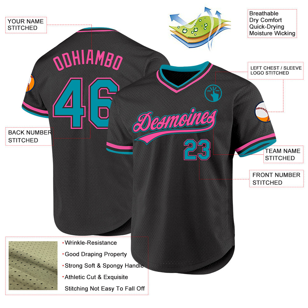 Custom Black Teal-Pink Authentic Throwback Baseball Jersey - Sky-Custom