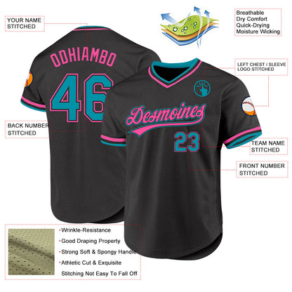 Custom Black Teal-Pink Authentic Throwback Baseball Jersey - Sky-Custom