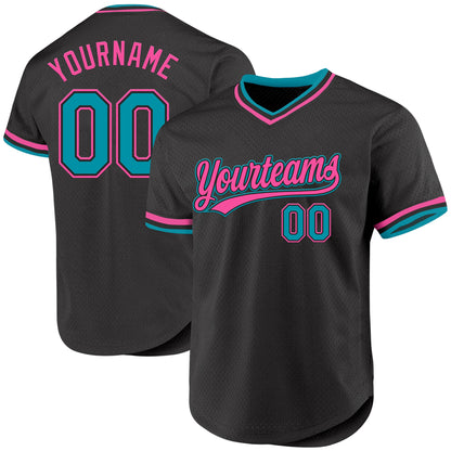 Custom Black Teal-Pink Authentic Throwback Baseball Jersey - Sky-Custom