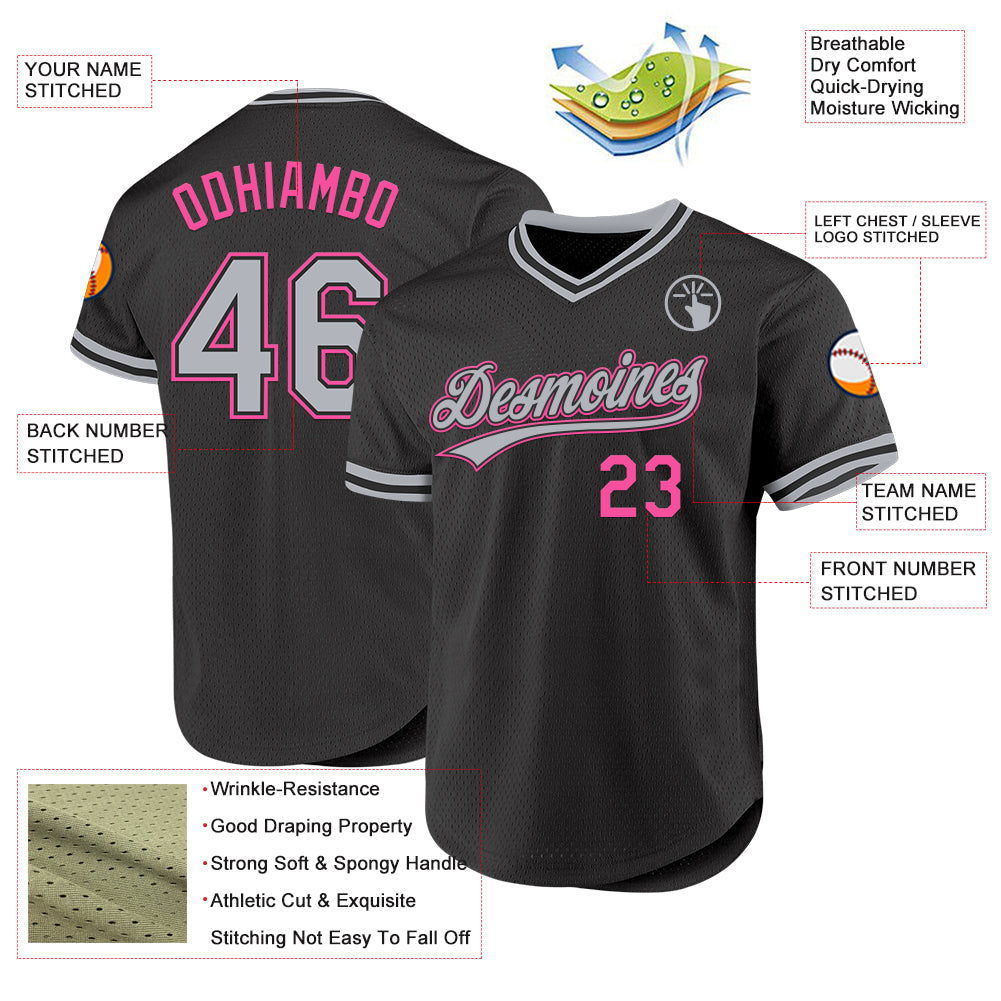 Custom Black Gray-Pink Authentic Throwback Baseball Jersey - Sky-Custom