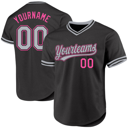 Custom Black Gray-Pink Authentic Throwback Baseball Jersey - Sky-Custom